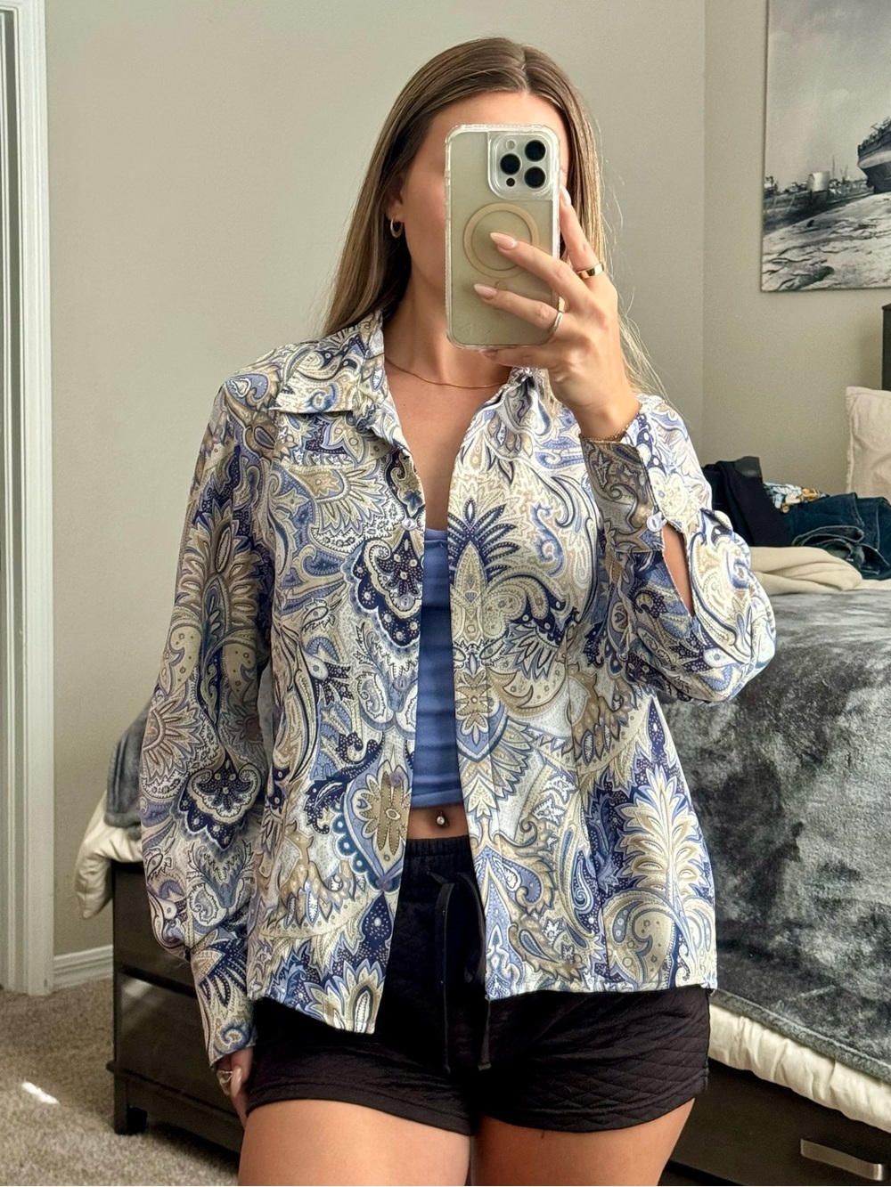 Blue Diamond Vintage Paisley Button Down Blouse Women’s Large Y2K 90s Blue Tan